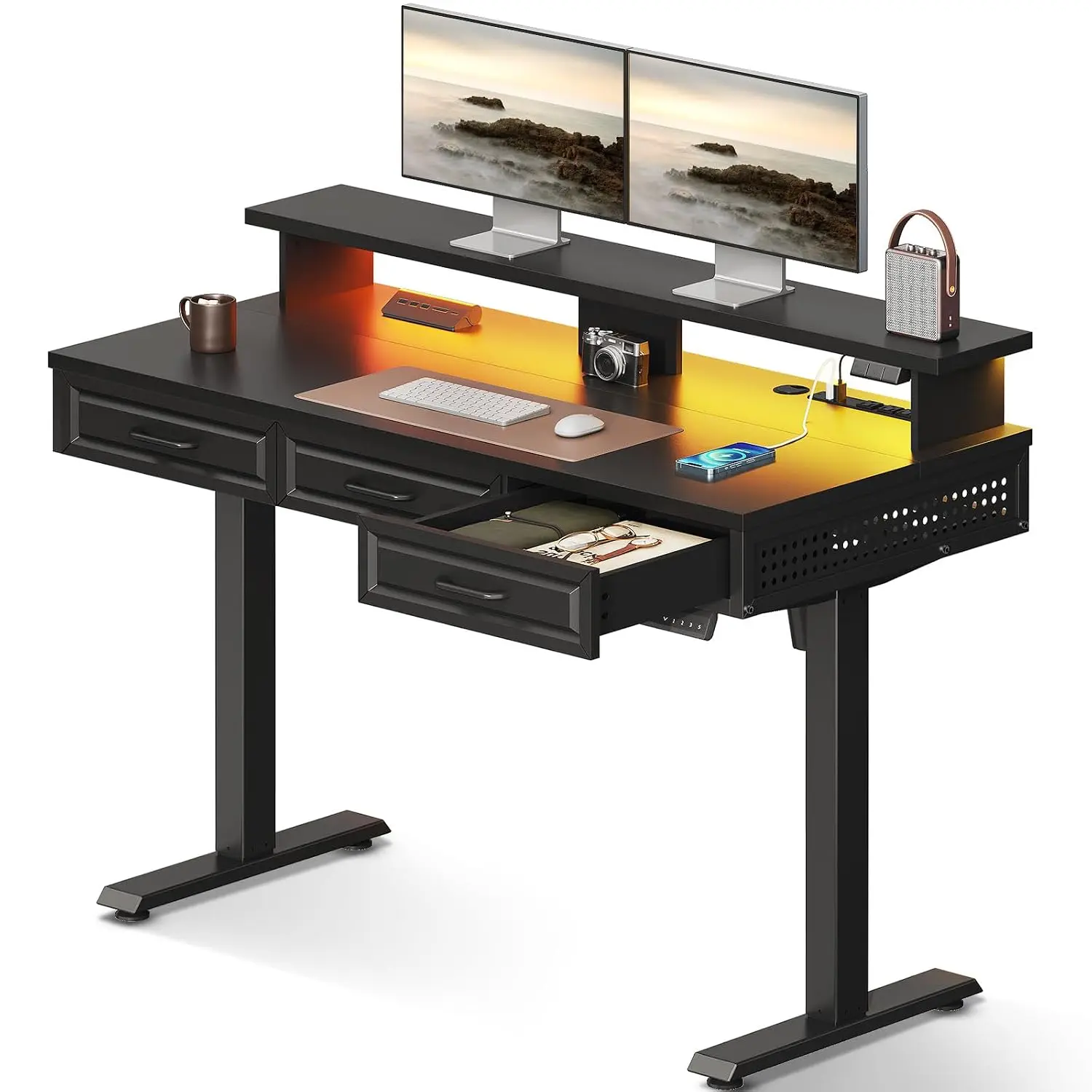 48 Inch Electric Standing Desk, Black, 3 Wood Drawers, Monitor Stand | Power Outlet, LED Light, 3 Memory Presets,, Customized