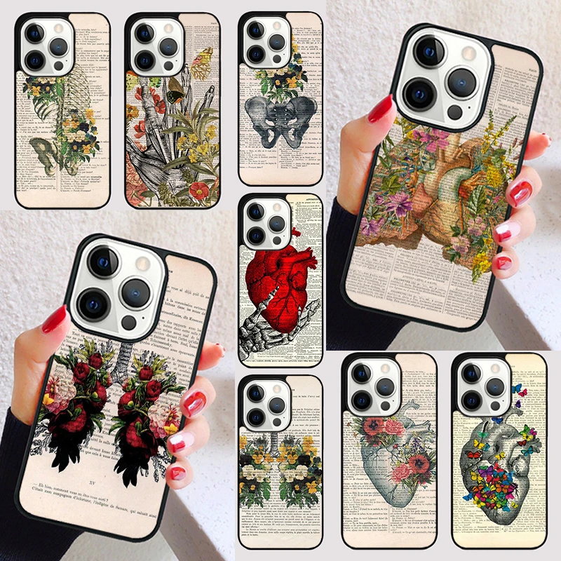 Vintage Anatomy Heart Brain Nurse Phone Case for iPhone 16 15 SE2020 7 8 Plus for Apple 13 11 12 14 Mini Pro Max Cover coque