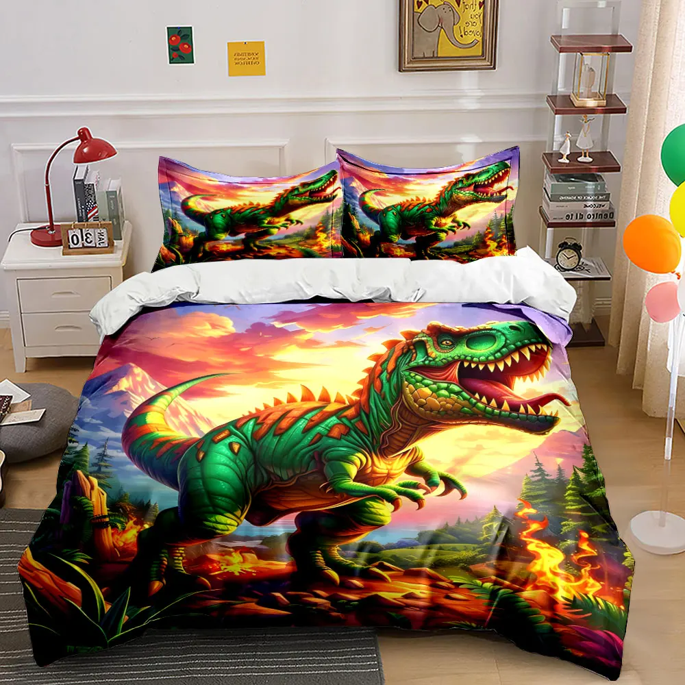 Colorful dinosaur amidst vibrant nature Print Bedding set 3PC 1 duvet cover 2 pillowcases adult and children bedding set