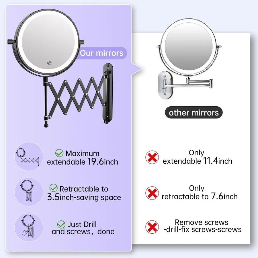 مرآة مكياج مثبتة على الحائط 8 بوصة مزدوجة الجوانب 1X 10X مرآة مكبرة مع 3 أضواء ملونة شاشة لمس قابلة للتعتيم، 360 دوارة 19. #4