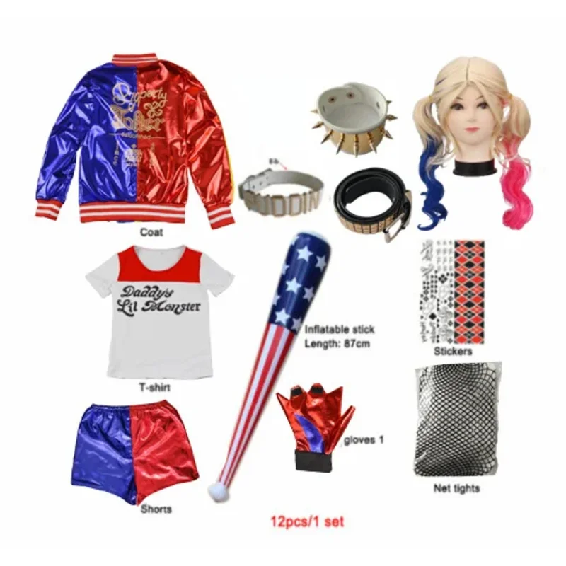 Детские костюмы Харли-самоубийц для девочек, куртка Quinn Squad, брюки, футболка с изображением монстра, комплекты праздничной одежды #   1 #   В.