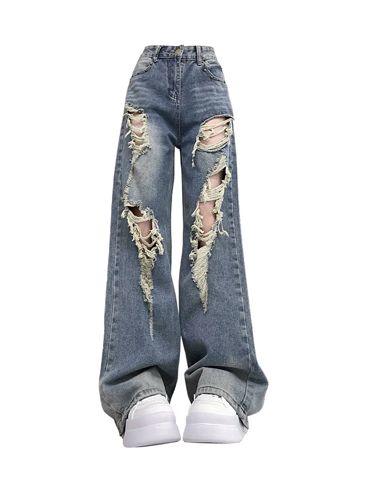 

Casual Women Blue Ripped Jeans Vintage Wide Leg Jean High Waist Baggy Streetwear Harajuku Baddie Blue Denim Trousers Cyber Tide