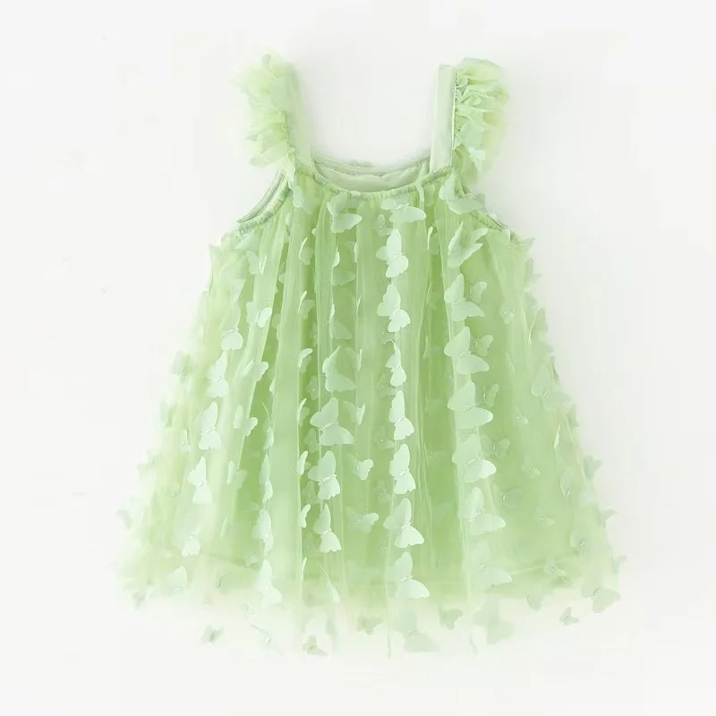 Summer Butterfly 3D Embroidered Chiffon Girls Dress Cute Sisters Flying Sleeve Dress Tulle Sling Princess Dress 12M-6Years old