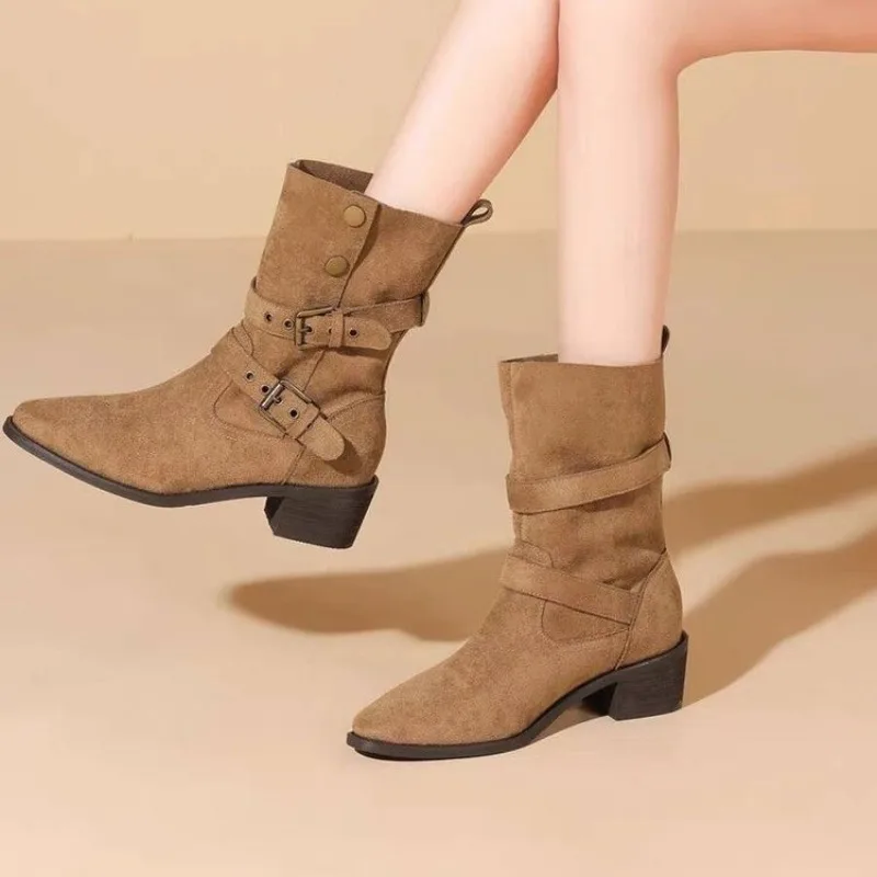 

2025 модные новые сексуальные повседневные ботинки с круглой пряжкой для женщин, зимние удобные нескользящие короткие ботинки больших размеров