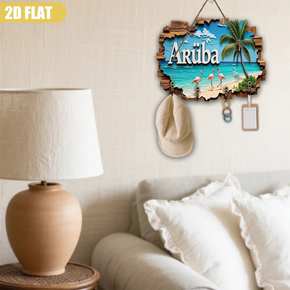 Colgador de llaves tropical Aruba Paradise, grande organizador de llaves montado en la pared de madera de 23x30cm (9x12 pulgadas) con palmeras, flamencos y