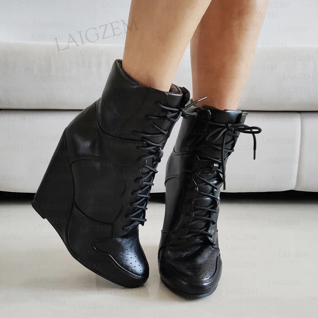 LAIGZEM Women Ankle Boots Wedges Lace Up Round Toe Faux Leather Short Booties Handmade Ladies Shoes Woman Big Size 41 46 48 52