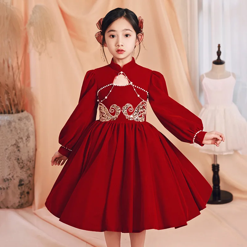 Girls Brithday Princess Dress For 3 12 Years Dresses Red Chinese Style Elegant Wedding Party Gown 2023 Long Sleeve Evening New