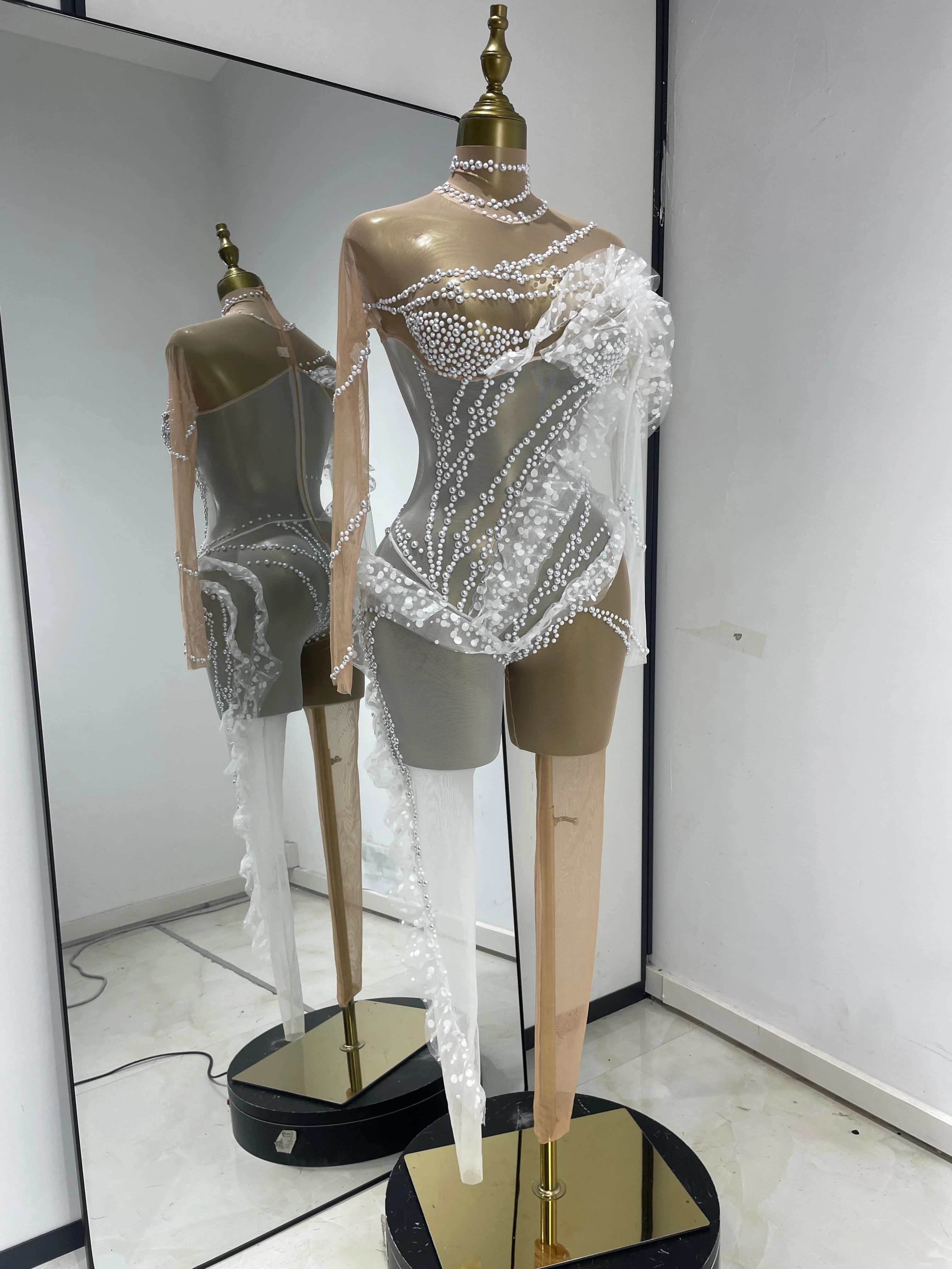 Performer Pole Dance Costume Woman White Pearls Ruffles Sheer Transparent Bodycon Jumpsuit Special Occasion Adult Show Outfit