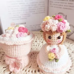 Handmade Crochet Cross-Dressing Bride Doll Knitted Finished Flower Bouquet Decoration Girls Birthday Gift Knitting Supplies