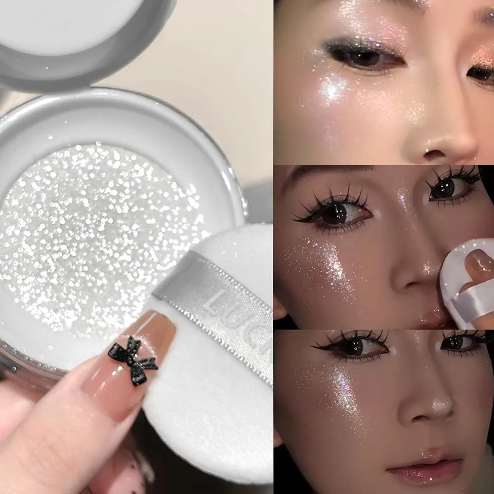 Diamond Glitter Highlighter Powder with Velvet P Face Collarbone Body Shimmer Glow Contour Sparkly Makeup for Party Stage Look