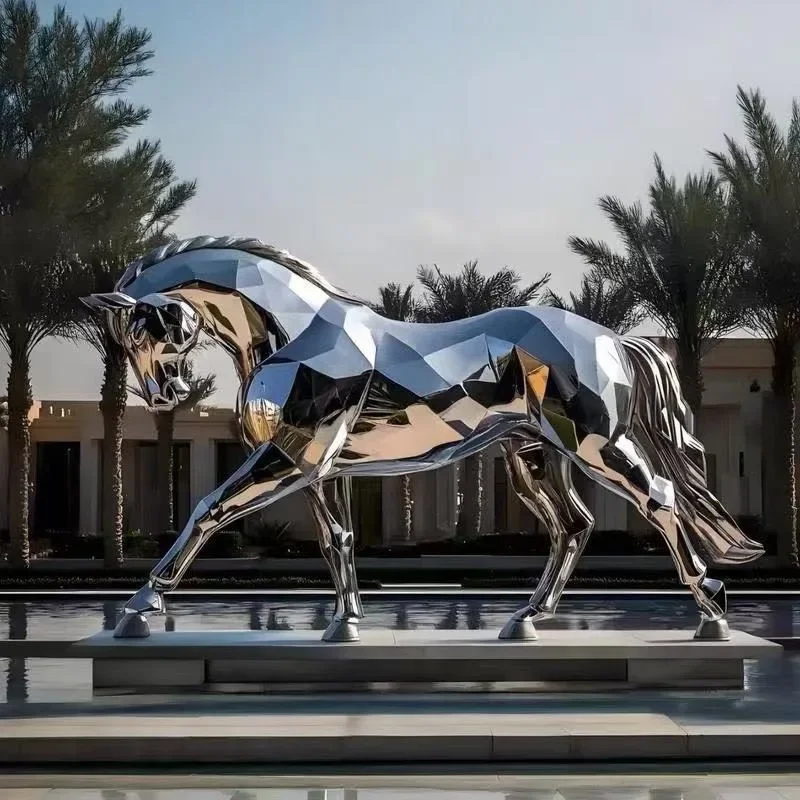 Stainless steel horse sculpture outdoor creative landscape small floor ornament metal white steel animal decoration