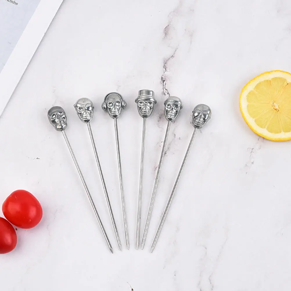 

6 Pcs Skull Head Cocktail Picks 304 Stainless Steel Reusable Party Fruit Dessert Snack Decorations Bartender Tools