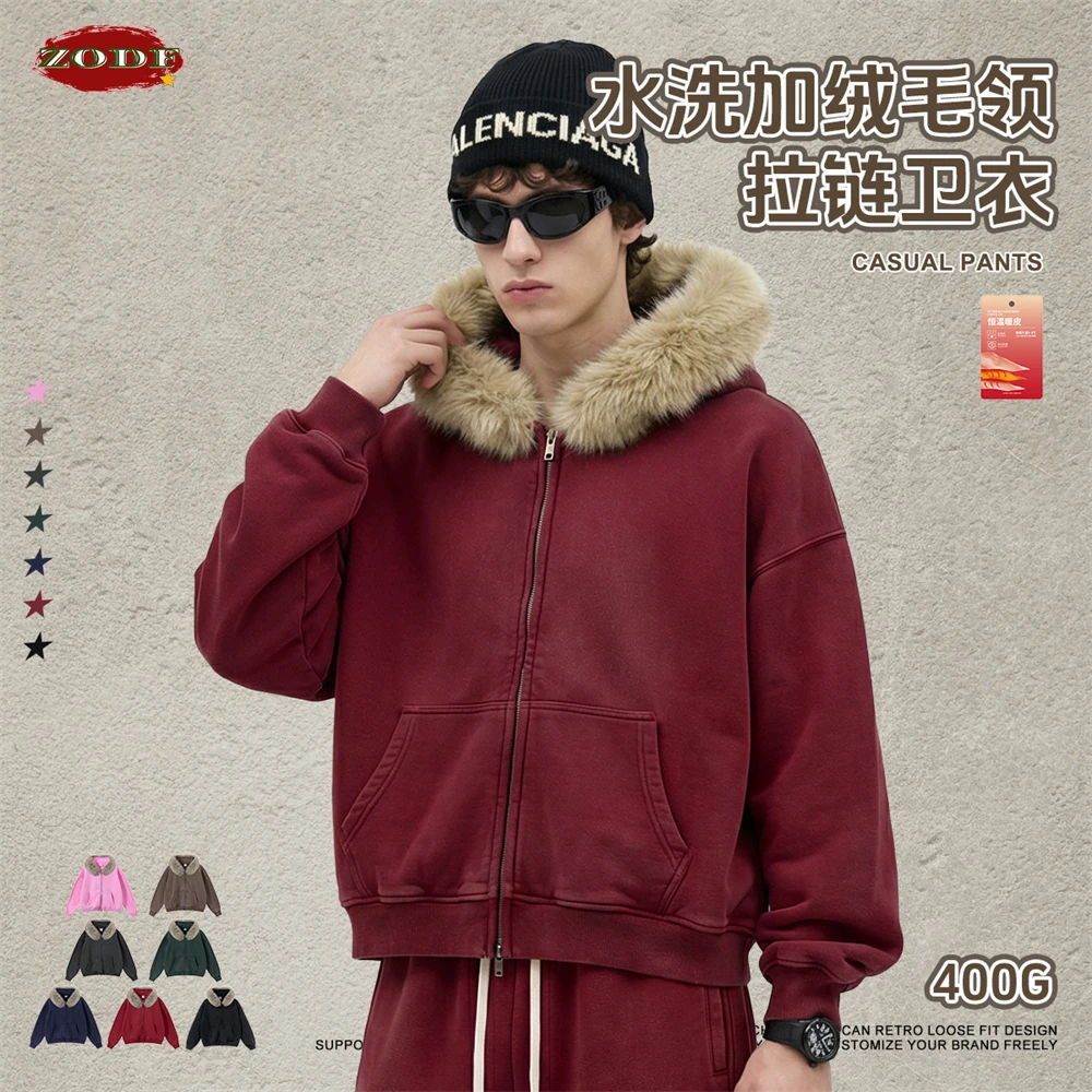 ZODF Retro Men Winter Washed Fleece Zipper Hoodie Unisex Distressed Fur Collar Boxyfit Warm Hooded Hoodies Brand Coat HY1204
