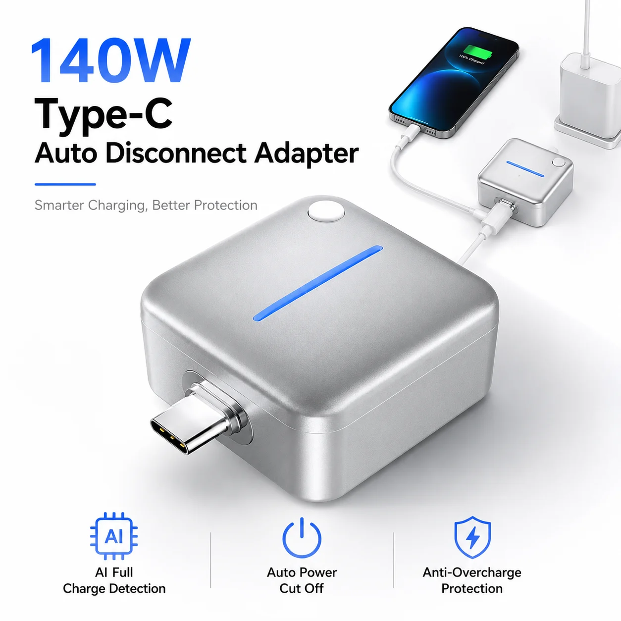140W Type C Auto Disconnect Charging Adapter AI Full Charge Detection Automatic Power Cut Off Anti Overcharge Safety Separator