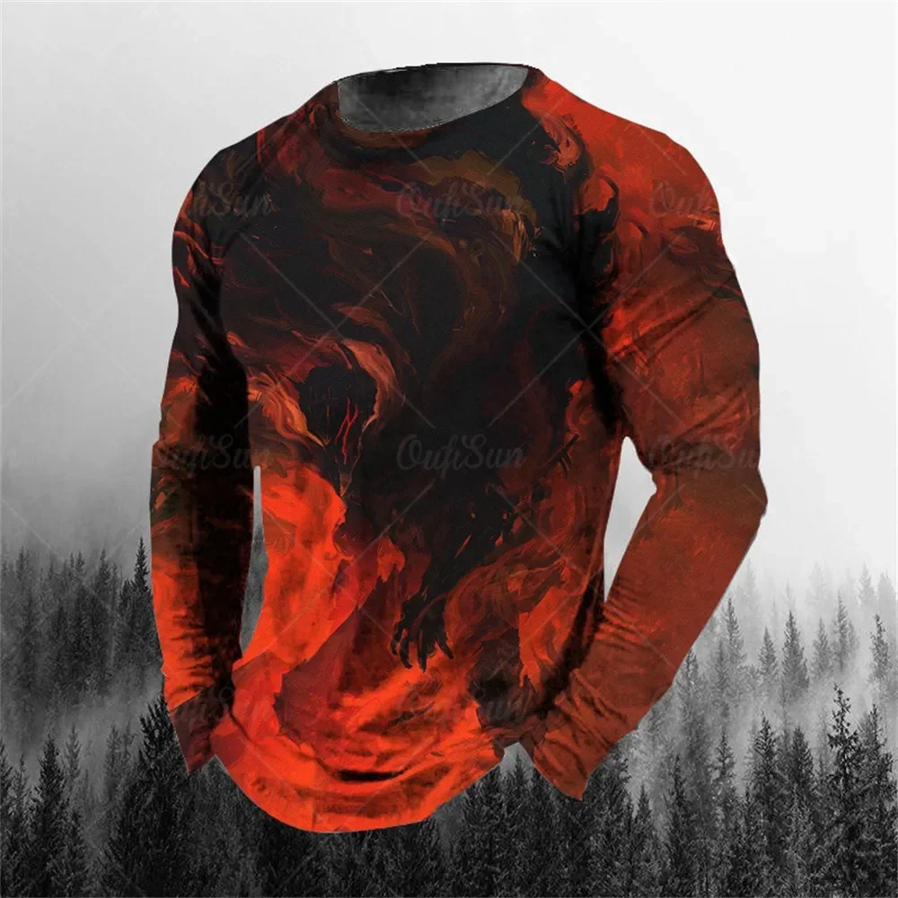 Men Hip Hop Armor 3D Print Long Sleeve T Shirt Round Neck Oversized Loose Trendy Casual Summer Streetwear Graphic Tops