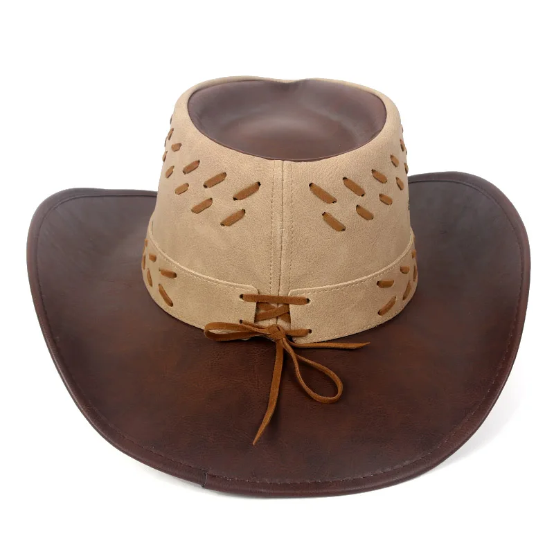 Classic Western Men\'s Cowboy Hat Women Cowgirl Cap Faux Leather Black Outdoor Gentleman Sombrero Hombre With Windproof Rope
