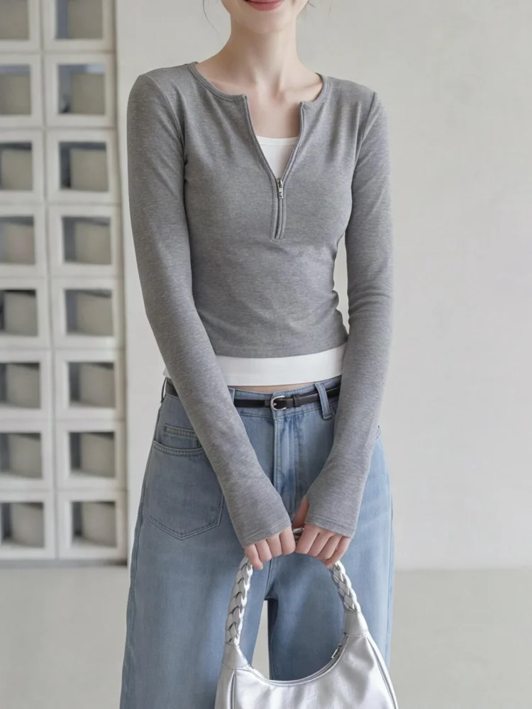 Y2K Kleidung Damen T-Shirt Neues Fake-Zweiteiler-Design mit Reißverschluss Pullover Slim Fit Langarm T-Shirt Herbst Winter 2000er Jahre Tee Top – Detail 5