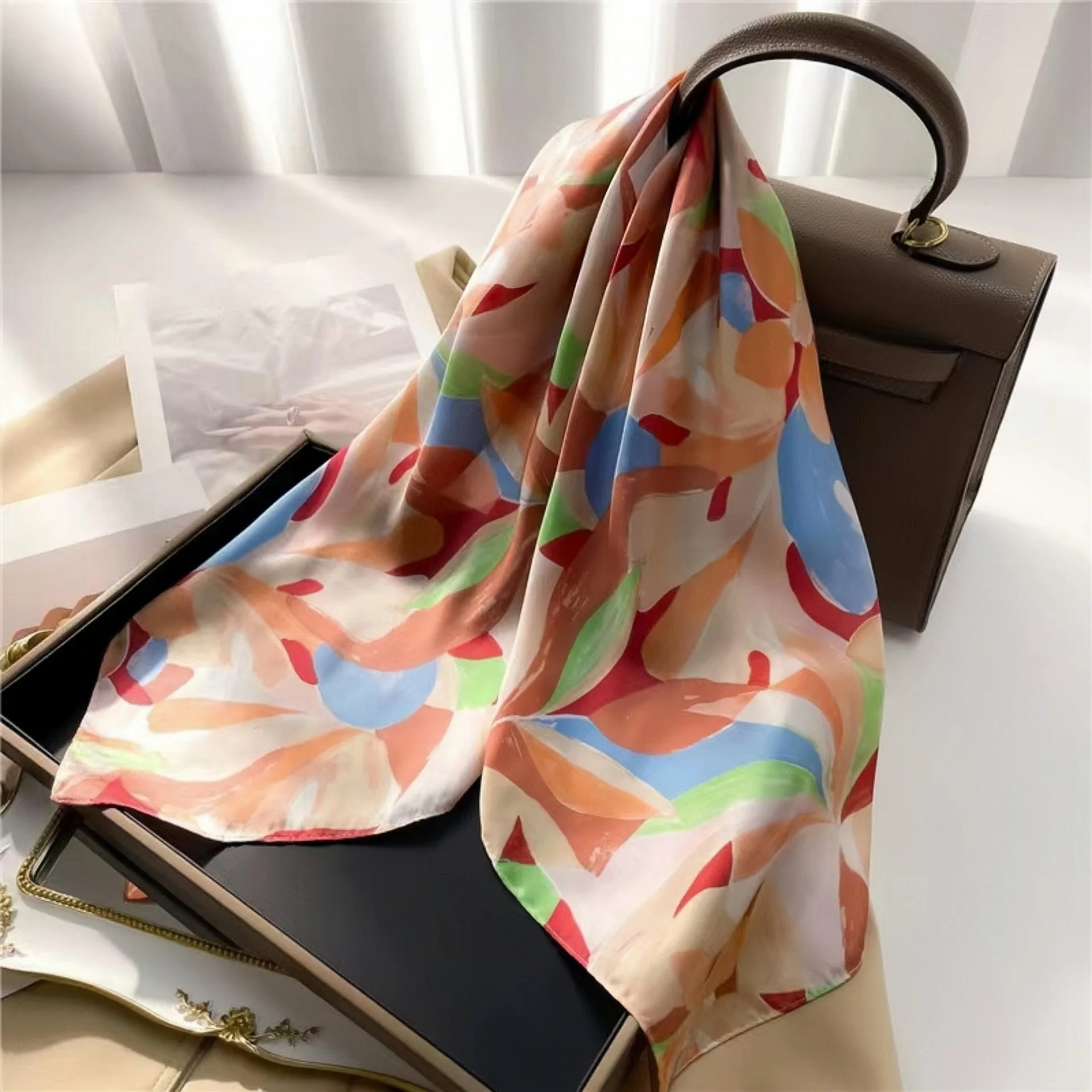 Spring/Summer Colorful Graffiti Bandana Flower Leaf 70*70cm Square Scarf Women New Soft Satin Travel Sunscreen Shawl