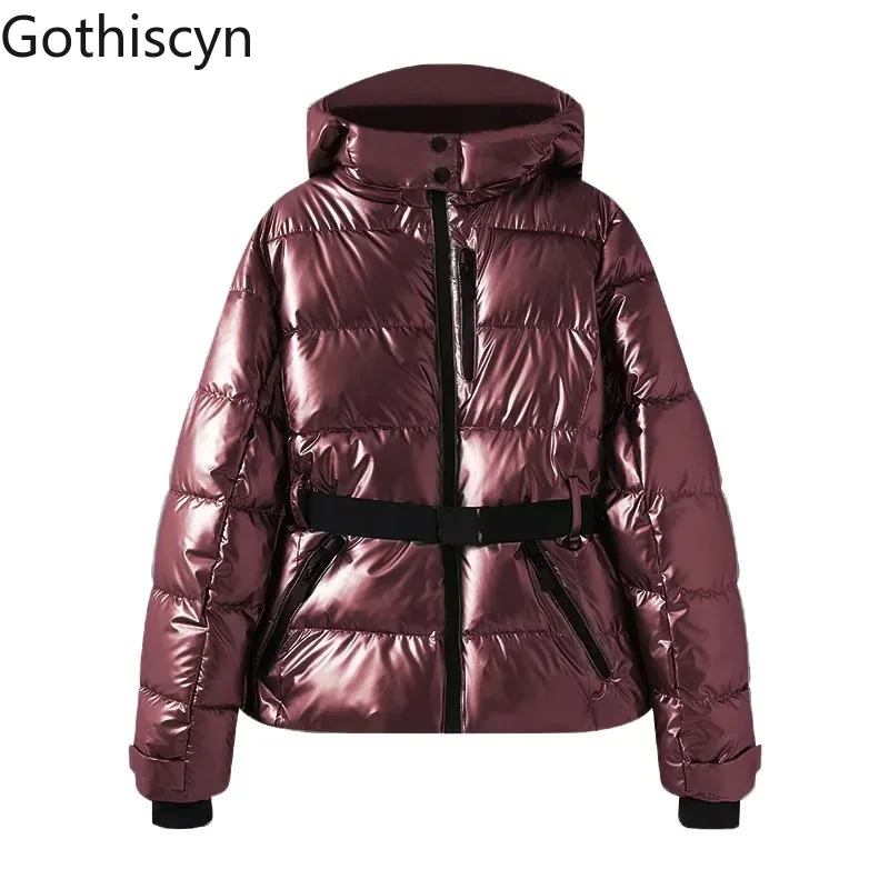 Gothiscyn Long-sleeved Cotton Jacket Women's Autumn and Winter Hooded Stand Collar Zipper Belt Jacket Fashion Female Clothes