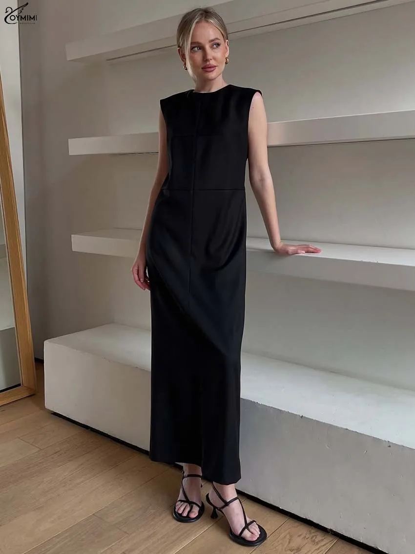 

Oymimi Autumn Black Simple Womens Dresses Fashion O-Neck Sleeveless Solid Dresses Casual New Straight Ankle-Length Dress Female
