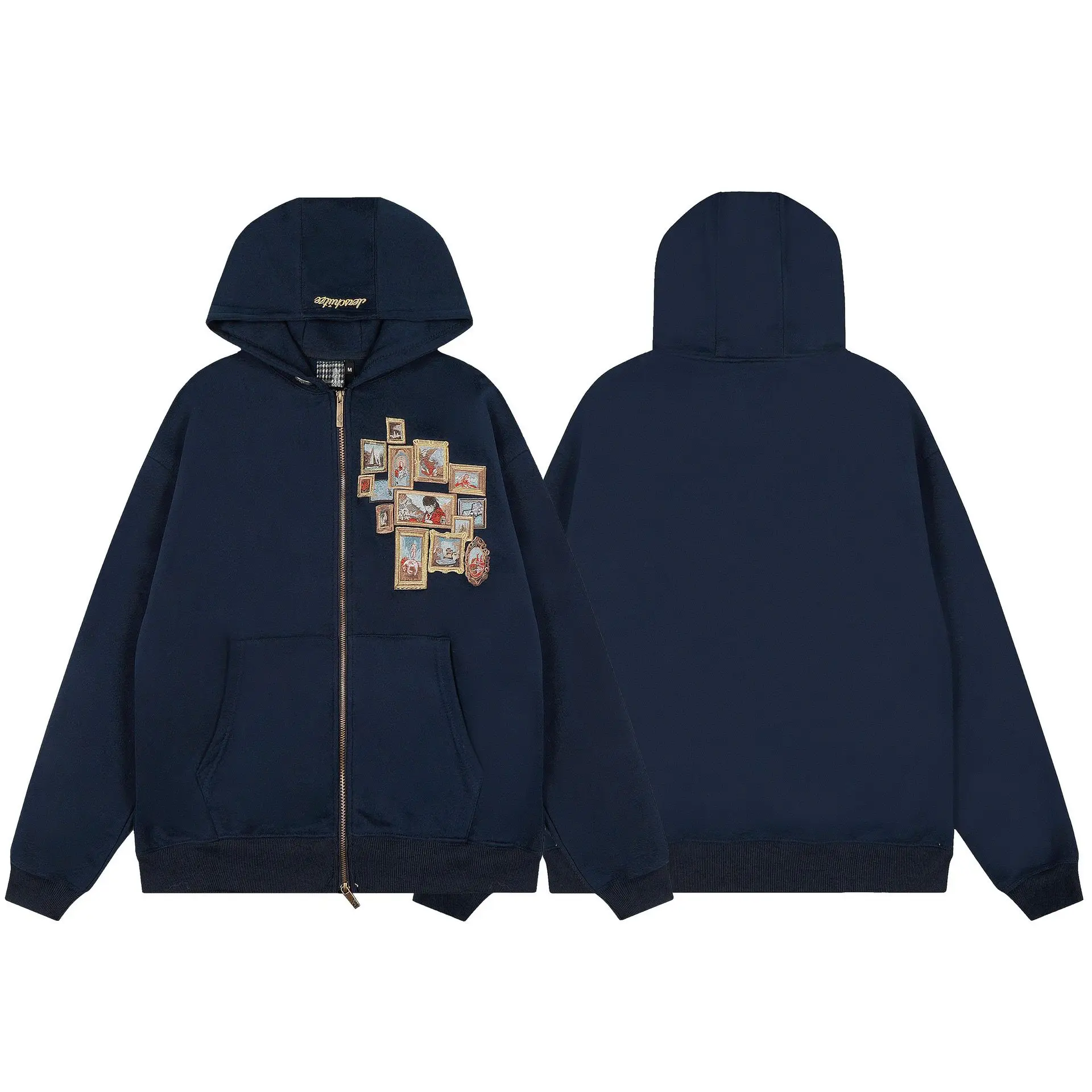 

Ретро-американское худи Derschutze в стиле хип-хоп с уличным принтом, вышивкой и эффектом масляной живописи, свободного кроя, на молнии, для пар