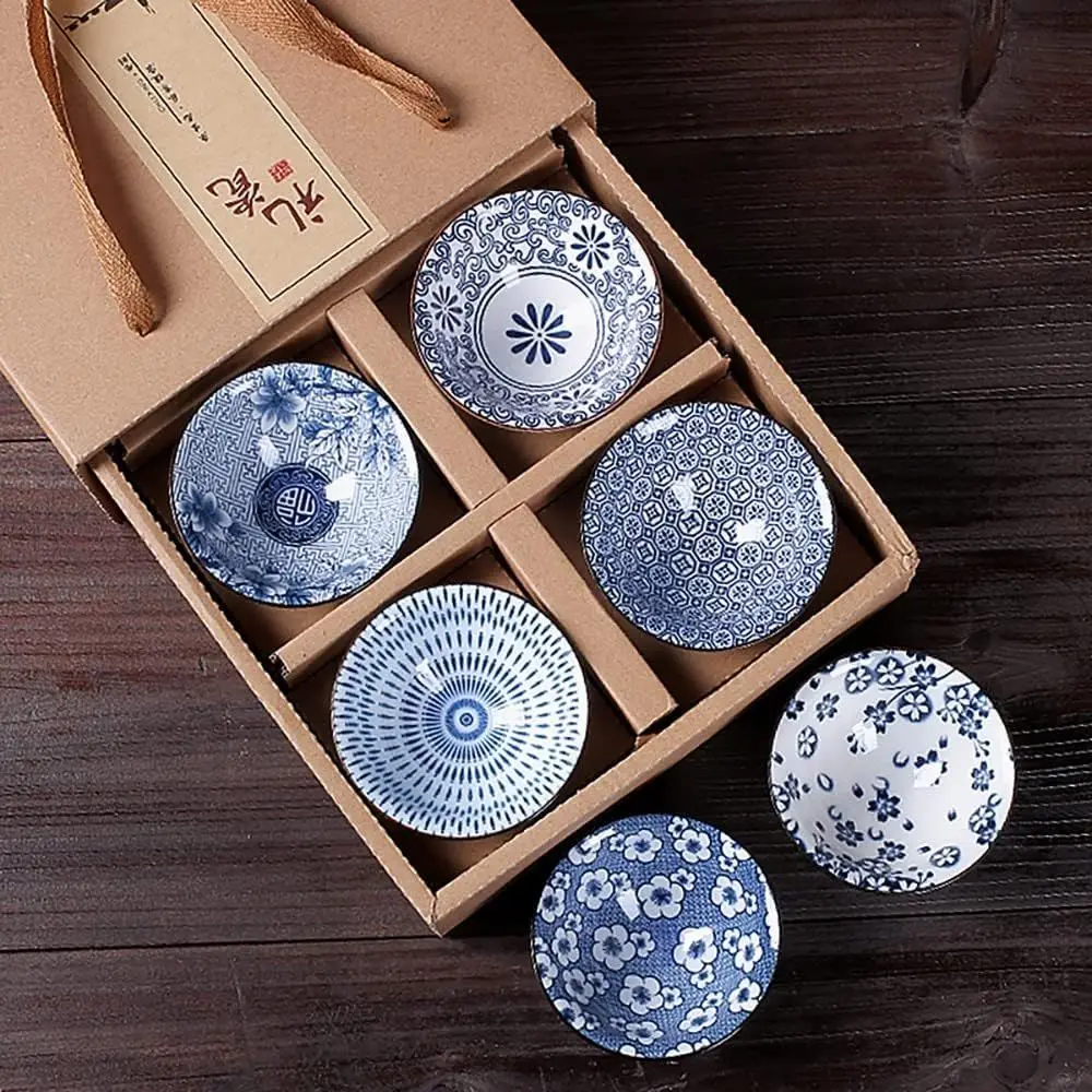 

Tea Set 6PCs/ Set Tea Cup Gift Box Blue and White Porcelain Retro Ceramic Teaware Chinese Kung Fu Tea Cup Vintage Drinkware Hat