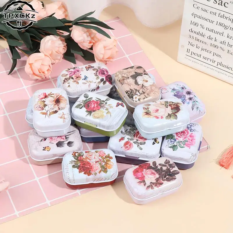 1PC Mini Flower Tin Trinket Jewelry Coin Box Tinplate Storage Case Candy Box Small Storage Boxes Cans Earrings Headphones Box