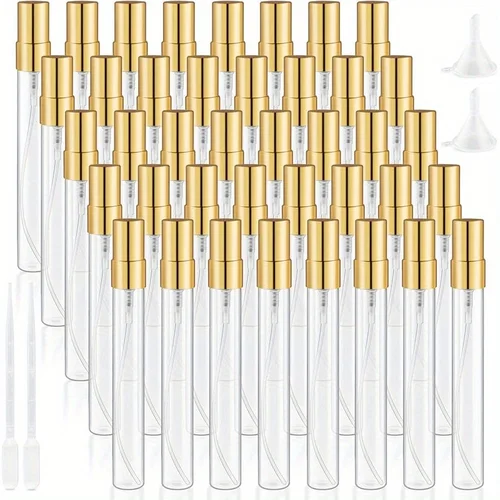 Imagen 2 del producto 40 Uds. Mini botellas de spray de vidrio transparente de 5ml/10ml, equipadas con boquillas de aluminio doradas, diseño de spray fino reutilizable adecuado