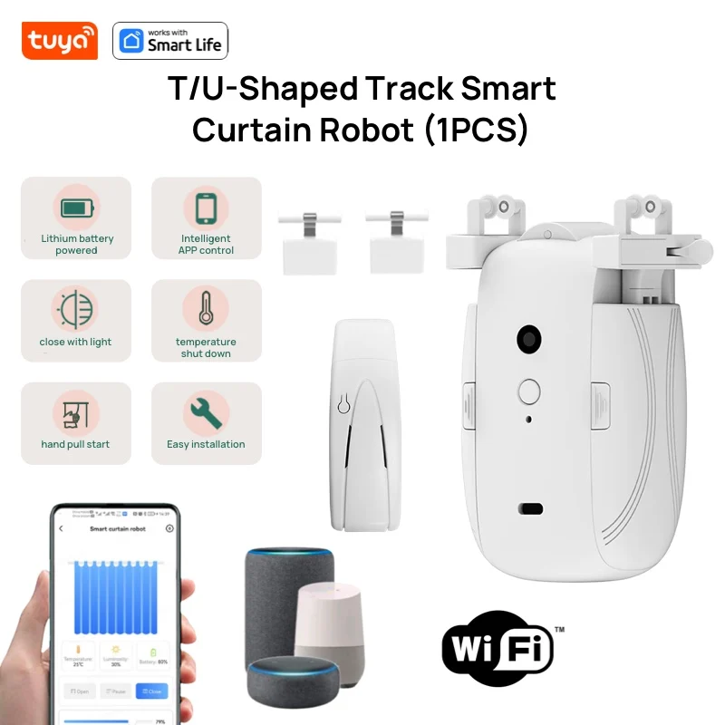 Tuya Smart Curtain Robot WiFi APP Remote Control/Voice Control(Alexa Google Siri)ForTU-Rail shaped Track,Pull-to-start,8KG load