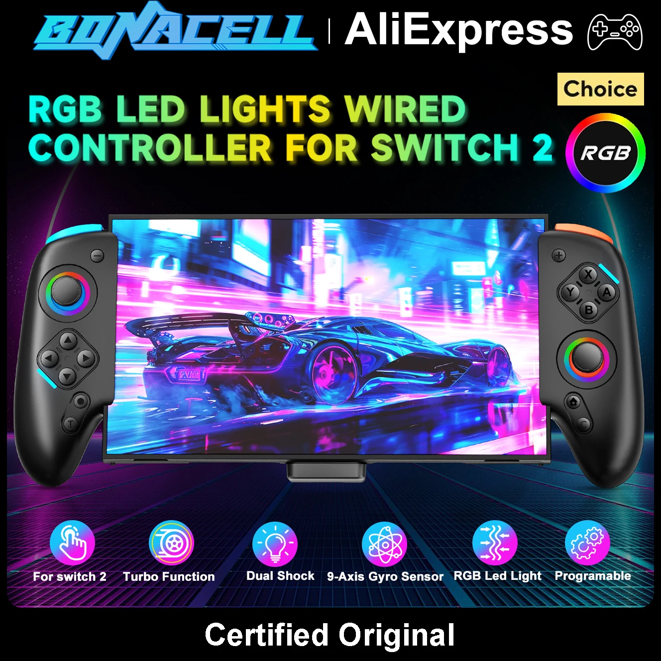 Проводной RGB-джойстик (9-осевой) для Nintendo Switch 2 Joycon с функциями Dual Shock Turbo/Marco и программируемыми кнопками