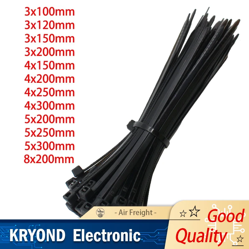 100PCS Self-Locking Nylon Cable Tie Black 5x300mm 3x200mm Fastening Zip Wraps Strap Set