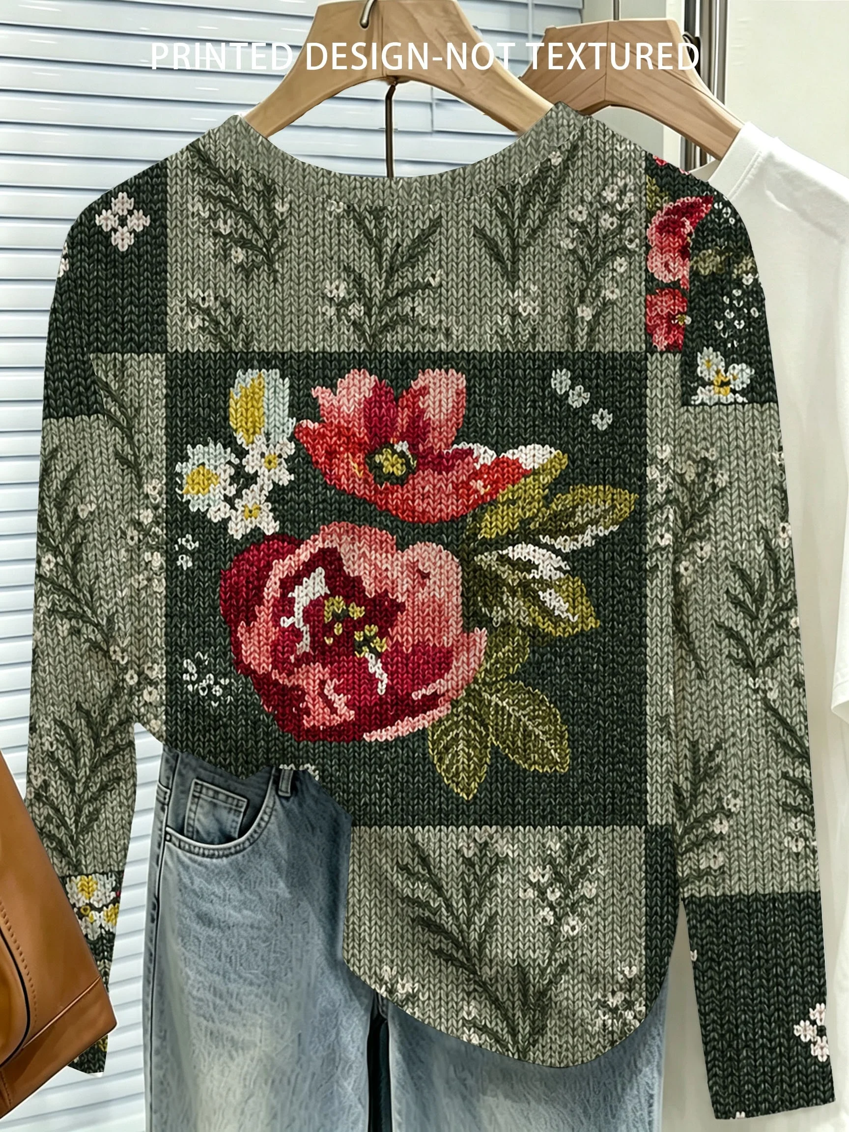 Women Long Sleeve T Shirt Vintage Plaid Floral Cross Stitch Print Soft Breathable Casual Daily Autumn Fashion Women's Clothing