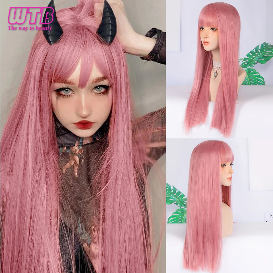 WTB Wig Cosplay panjang lurus sintetis dengan poni Wig anak perempuan Wig pesta Halloween pesta pirang Lolita lucu merah muda