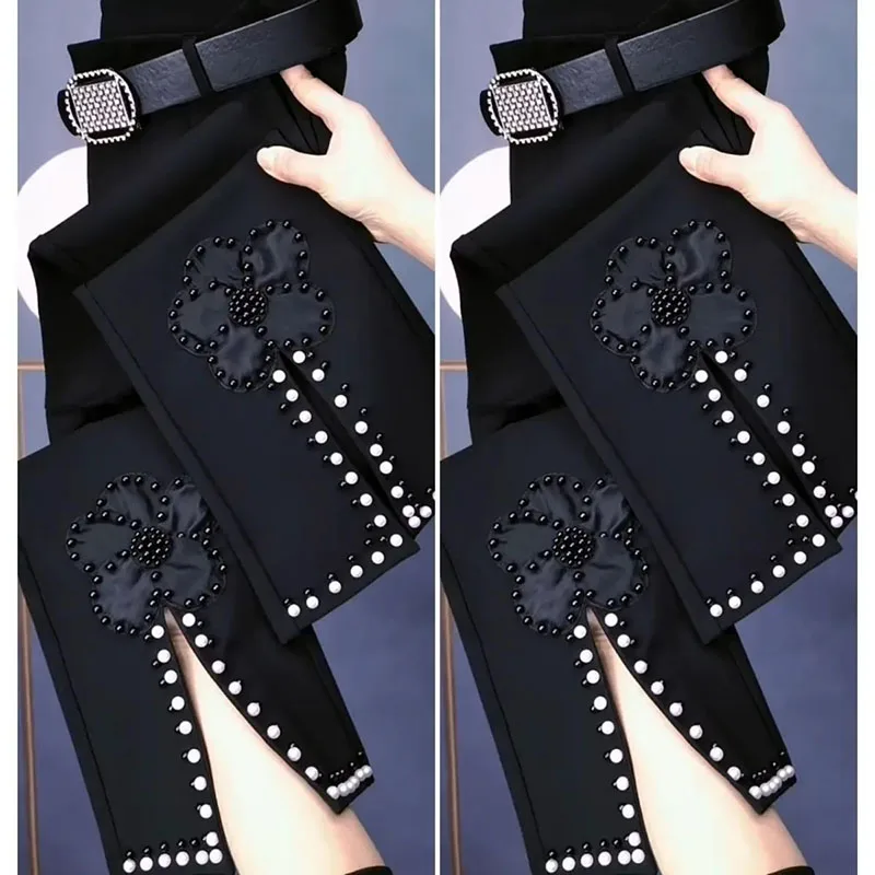 Spring Summer New Heavy Industry Black Flower Nail Bead Micro Pull Pants Female Slim Elastic Casual Short Versatile Women Pants