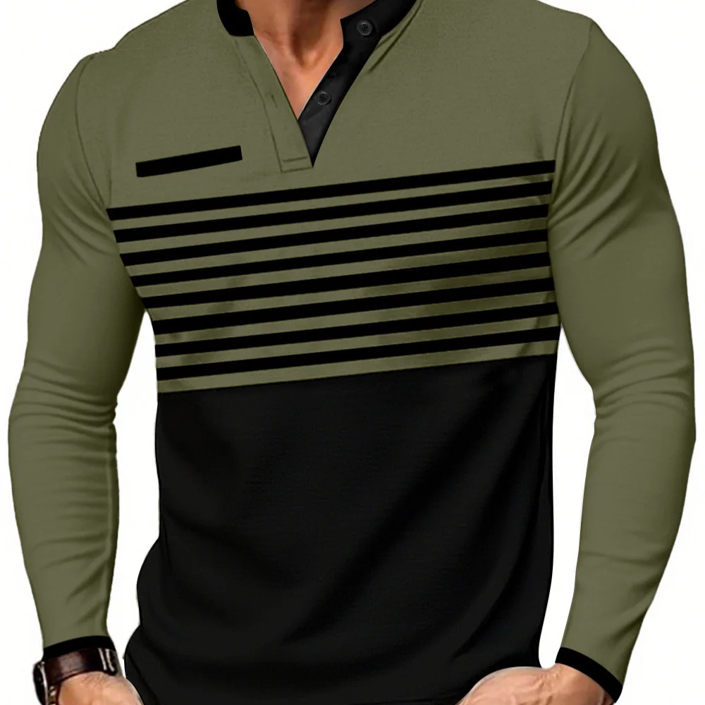 Men's Striped Color Block Henley T‑Shirt Long Sleeve Notched Neck Button Placket Fake Pocket Casual Tops