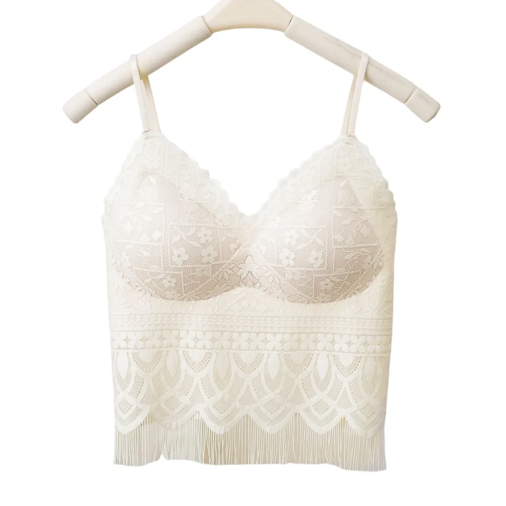 

Elegant With Chest Cushion Ice Silk Lace Camisole Tassels Solid Color Crop Tops Streetwear Slim Fit Suspender Vest Ladies