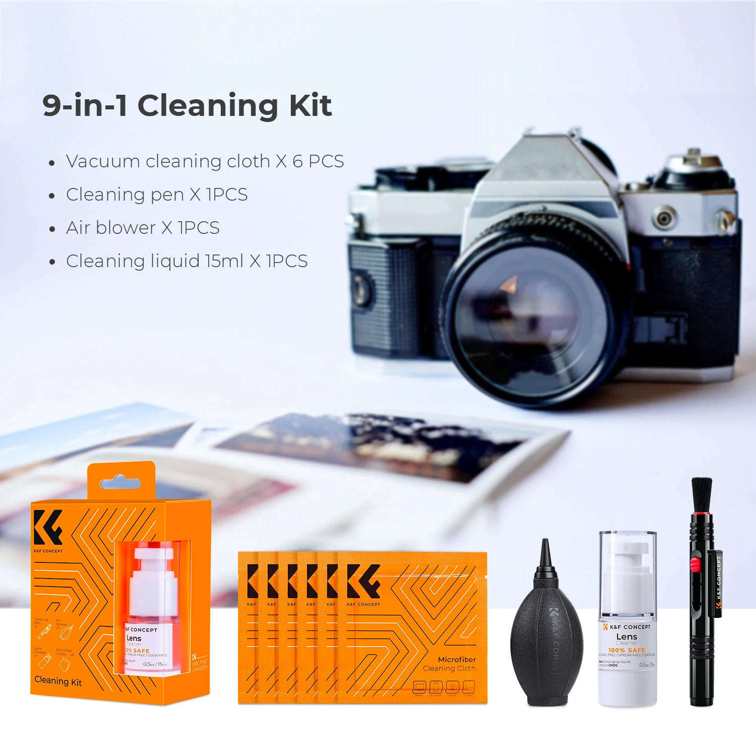 K&F Concept 9-in-1 Camera Lens Cleaning Kit for DSLR Lenses Filter Cell Phones Screen with Air Blowing Cleaning Cloth Liquid Pen