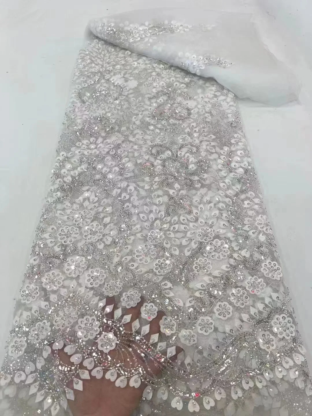 

Best New White African Lace Fabric With Beads High Quality Nigerian Wedding Dress Sequin Embroidery French Tulle Lace Fabric