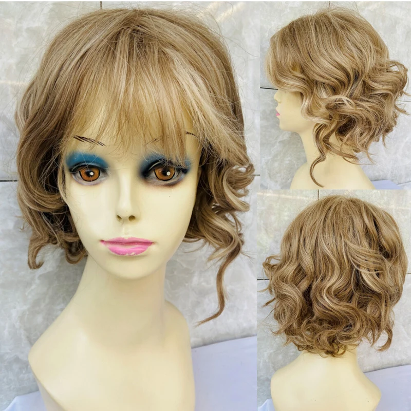 

Medium Fluffy Wavy Hair Blend Heat Ok Wig Ash Blonde Mix Women Natural Wig
