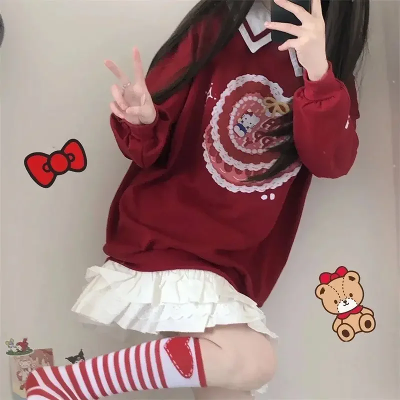 Sanrio Kuromi Print Spring Autumn Sweatshirt Preppy Loose Cartoon Pullover Girl Kawaii Girl Student O-neck Purple Top Aesthetic