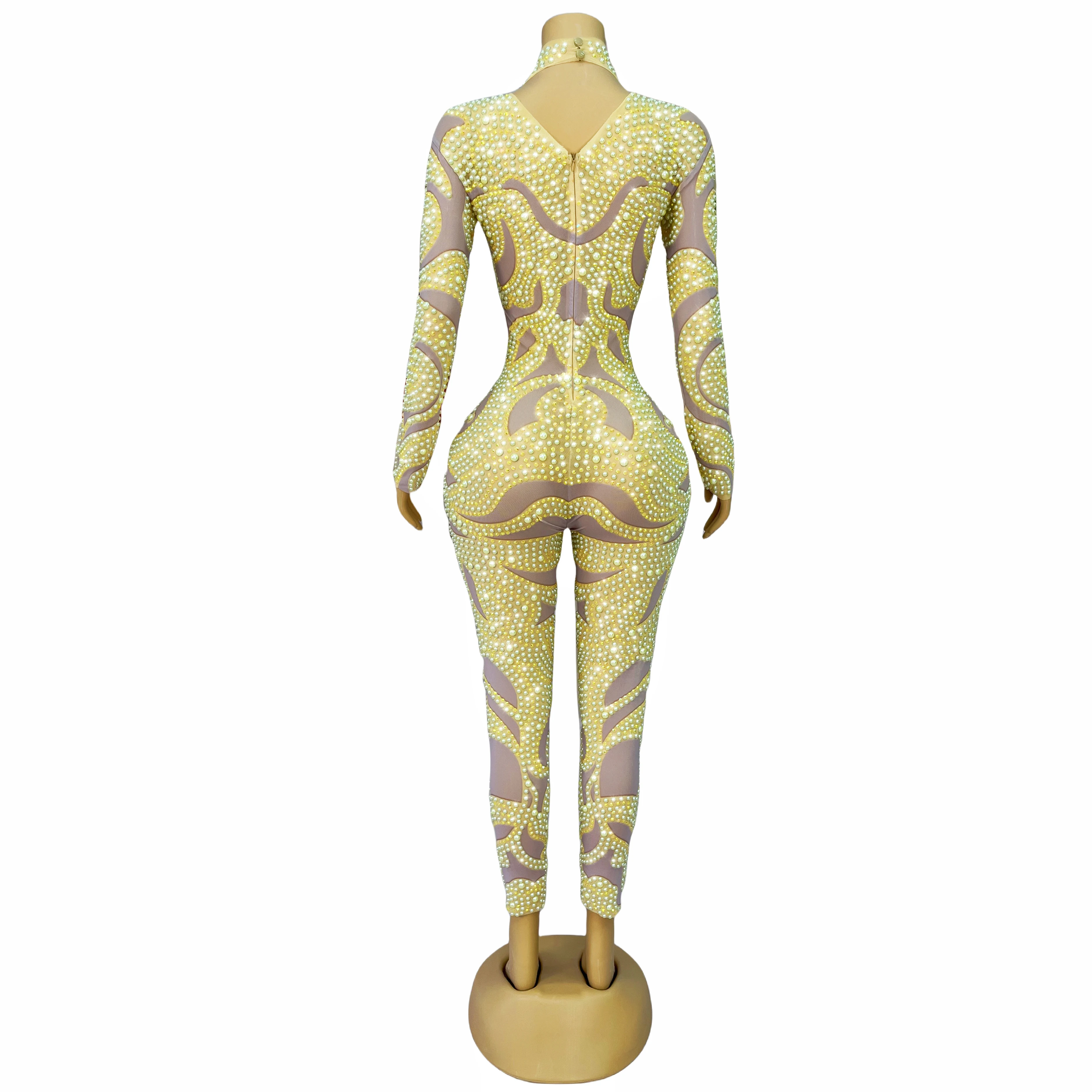 Neon Yellow Rhinestones Pearls Luxury Celebrate Sexy Jumpsuit Long Sleeves Stretch Bodysuit Birthday Costume baizhu