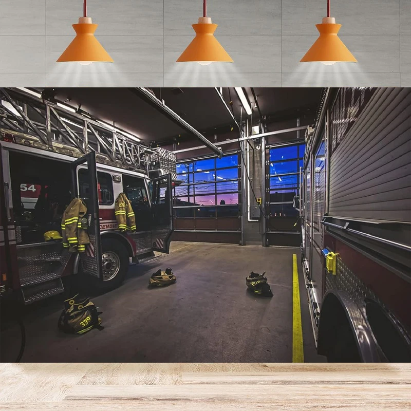 Fire Station Interior Photography Backdrop Fire Truck Firefighter Suits Equipments Fireman Background Party Backdrop Wall Banner