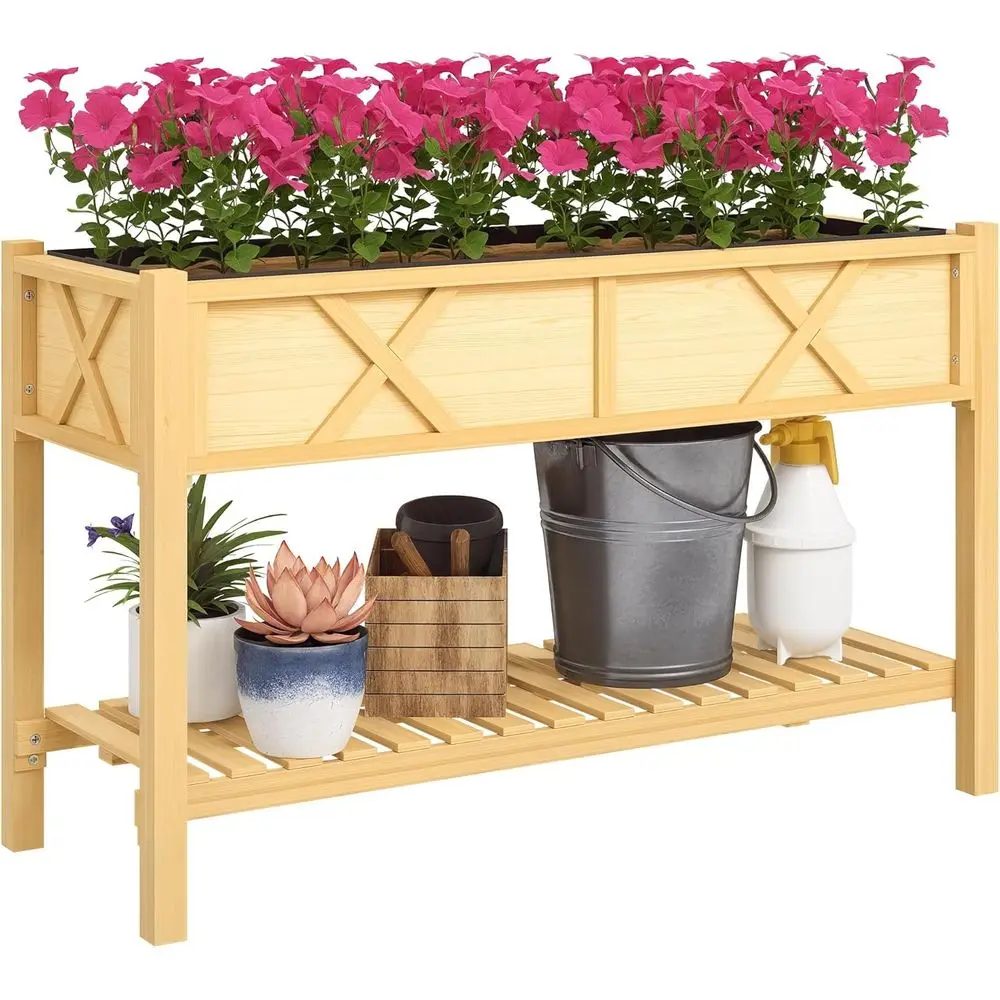 

Elevated Wooden Planter Box with Storage, Drainage, and Liner for Outdoor Spaces, 47x22x31.5, Natural