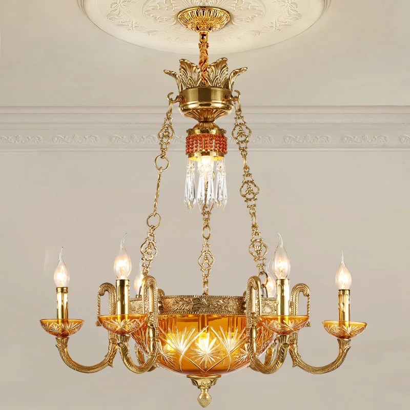 Lustre à bougie en verre de cuivre vintage européen, suspension en laiton, luxe, hôtel, villa, salon, salle de banquet, français