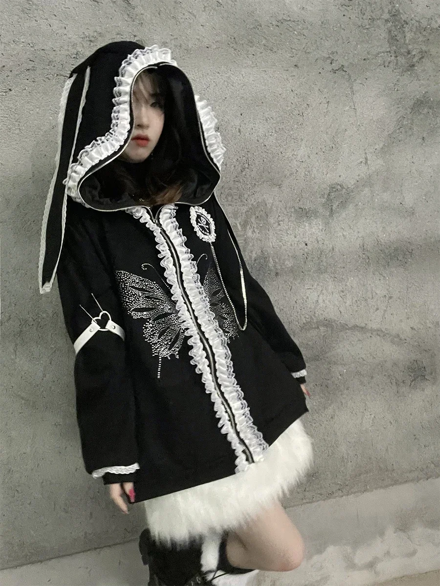 Autumn Rabbit Ears Hooded Hoodies Female Harajuku Dark Punk Loose Large Size Y2K Zipper Sweatshirts Subculture Long Sleeve Top