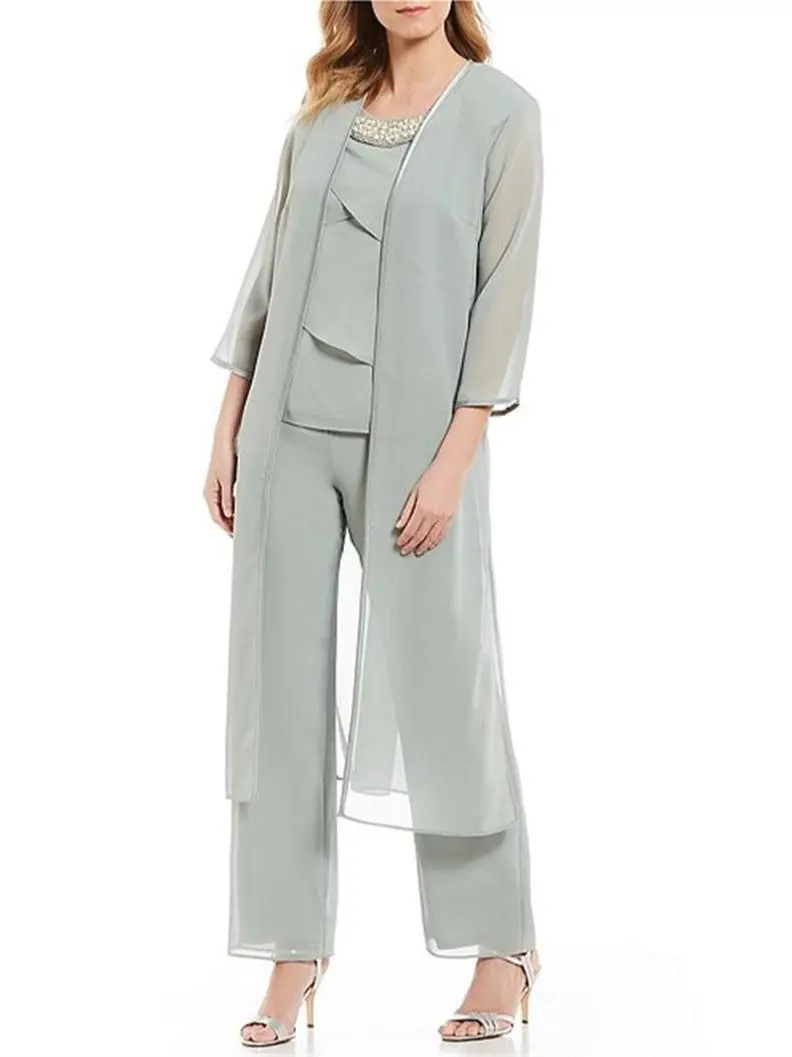 Elegant Mother Of The Bride Pant Suits Three Pieces Beaded Jewel Neck Jumpsuits Wedding Guest Dress Plus Size Pantsuits