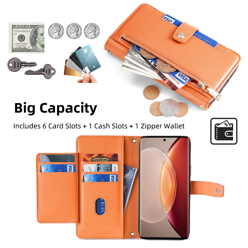 Zipper Wallet Flip Case for Itel A70 S23 Plus Vision 1 Pro Coque Leather Book Multi-Function Phone Bag Cover Card Slots Lanyard