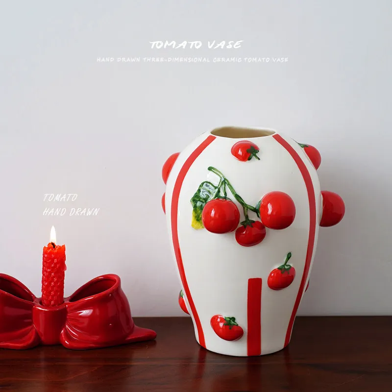 Nordic Relief Tomato Ceramic Vase Ornaments Living Room Entrance Dining Table Flower Arrangement Container Wedding Vases Decor