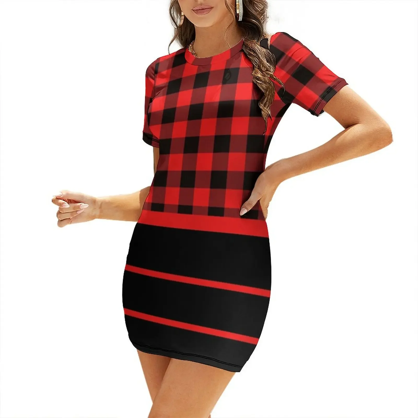 

Red Black Buffalo Plaid & Stripes Short-Sleeved Dress Dresses for wedding party women's evening dress 2026 sexy dress