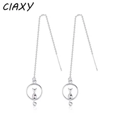 CIAXY Silver Color Cute Kitten Earrings for Women Girl Student Long Tassel Ear Chain Moon Cat Ear Line Earring Gift